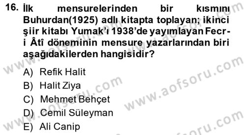 2. Meşrutiyet Dönemi Türk Edebiyatı Dersi 2013 - 2014 Yılı (Vize) Ara Sınav Soruları 16. Soru