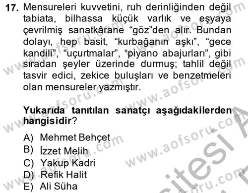 2. Meşrutiyet Dönemi Türk Edebiyatı Dersi 2013 - 2014 Yılı (Vize) Ara Sınav Soruları 17. Soru
