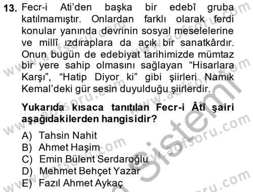2. Meşrutiyet Dönemi Türk Edebiyatı Dersi 2014 - 2015 Yılı (Vize) Ara Sınav Soruları 13. Soru