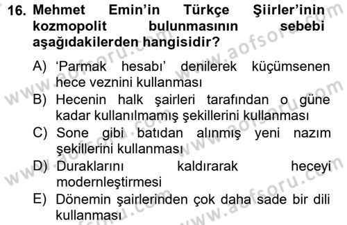 2. Meşrutiyet Dönemi Türk Edebiyatı Dersi 2014 - 2015 Yılı Tek Ders Sınavı 16. Soru