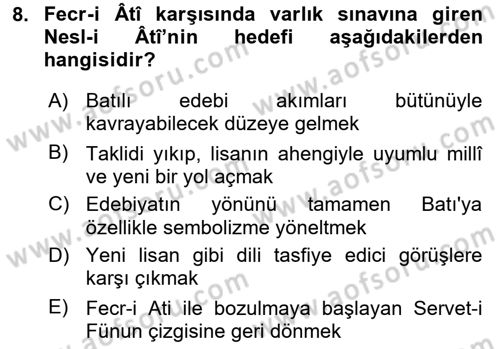 2. Meşrutiyet Dönemi Türk Edebiyatı Dersi 2015 - 2016 Yılı (Vize) Ara Sınav Soruları 8. Soru