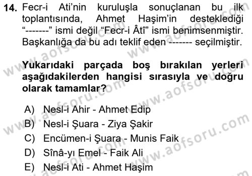 2. Meşrutiyet Dönemi Türk Edebiyatı Dersi 2017 - 2018 Yılı (Vize) Ara Sınav Soruları 14. Soru