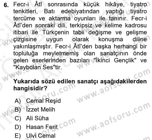 2. Meşrutiyet Dönemi Türk Edebiyatı Dersi 2017 - 2018 Yılı (Vize) Ara Sınav Soruları 6. Soru