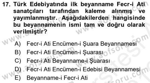 2. Meşrutiyet Dönemi Türk Edebiyatı Dersi 2018 - 2019 Yılı (Vize) Ara Sınav Soruları 17. Soru