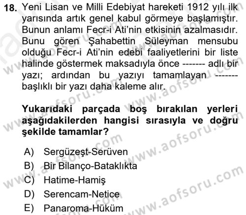 2. Meşrutiyet Dönemi Türk Edebiyatı Dersi 2018 - 2019 Yılı (Vize) Ara Sınav Soruları 18. Soru