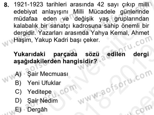 2. Meşrutiyet Dönemi Türk Edebiyatı Dersi 2018 - 2019 Yılı (Final) Dönem Sonu Sınav Soruları 8. Soru