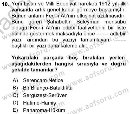 2. Meşrutiyet Dönemi Türk Edebiyatı Dersi 2018 - 2019 Yılı Yaz Okulu Sınav Soruları 10. Soru