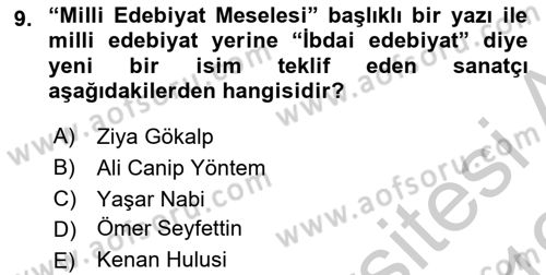 2. Meşrutiyet Dönemi Türk Edebiyatı Dersi 2018 - 2019 Yılı Yaz Okulu Sınav Soruları 9. Soru