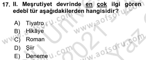 2. Meşrutiyet Dönemi Türk Edebiyatı Dersi 2021 - 2022 Yılı Yaz Okulu Sınavı 17. Soru