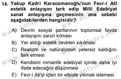 2. Meşrutiyet Dönemi Türk Edebiyatı Dersi 2024 - 2025 Yılı (Vize) Ara Sınav Soruları 14. Soru