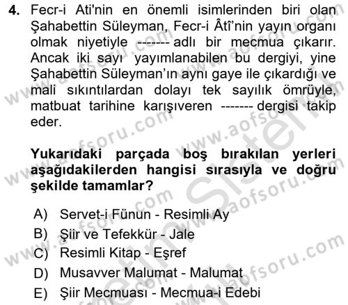 2. Meşrutiyet Dönemi Türk Edebiyatı Dersi 2024 - 2025 Yılı (Vize) Ara Sınav Soruları 4. Soru