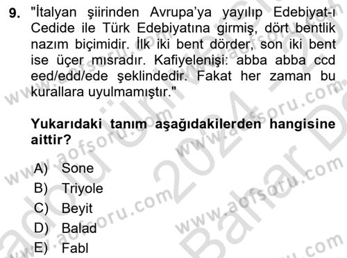 2. Meşrutiyet Dönemi Türk Edebiyatı Dersi 2024 - 2025 Yılı (Vize) Ara Sınav Soruları 9. Soru