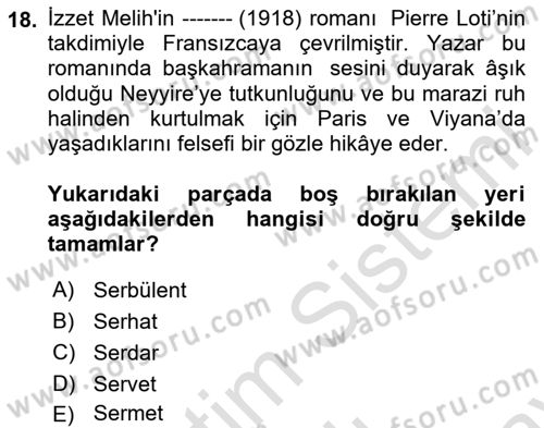 2. Meşrutiyet Dönemi Türk Edebiyatı Dersi 2024 - 2025 Yılı (Final) Dönem Sonu Sınav Soruları 18. Soru
