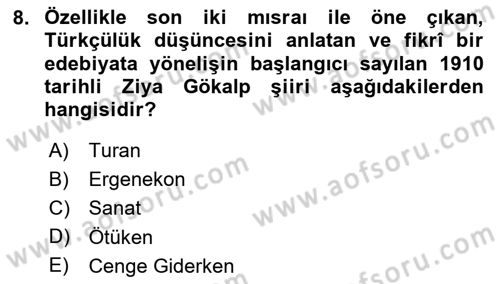 2. Meşrutiyet Dönemi Türk Edebiyatı Dersi 2024 - 2025 Yılı (Final) Dönem Sonu Sınav Soruları 8. Soru