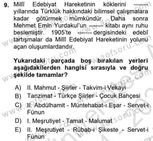 2. Meşrutiyet Dönemi Türk Edebiyatı Dersi 2024 - 2025 Yılı (Final) Dönem Sonu Sınav Soruları 9. Soru