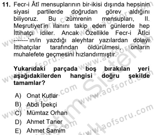 2. Meşrutiyet Dönemi Türk Edebiyatı Dersi 2024 - 2025 Yılı Yaz Okulu Sınav Soruları 11. Soru
