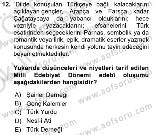 2. Meşrutiyet Dönemi Türk Edebiyatı Dersi 2024 - 2025 Yılı Yaz Okulu Sınav Soruları 12. Soru