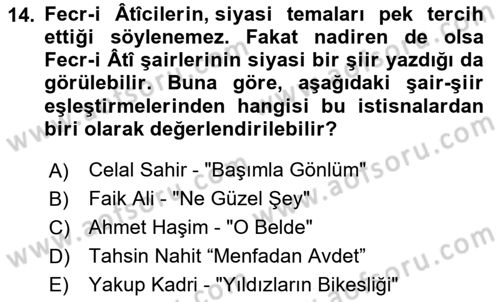2. Meşrutiyet Dönemi Türk Edebiyatı Dersi 2024 - 2025 Yılı Yaz Okulu Sınav Soruları 14. Soru