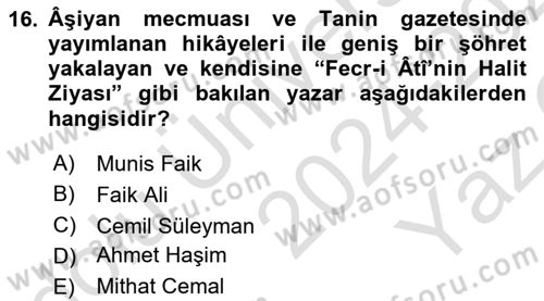 2. Meşrutiyet Dönemi Türk Edebiyatı Dersi 2024 - 2025 Yılı Yaz Okulu Sınav Soruları 16. Soru