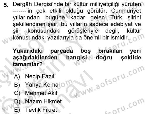 2. Meşrutiyet Dönemi Türk Edebiyatı Dersi 2024 - 2025 Yılı Yaz Okulu Sınav Soruları 5. Soru