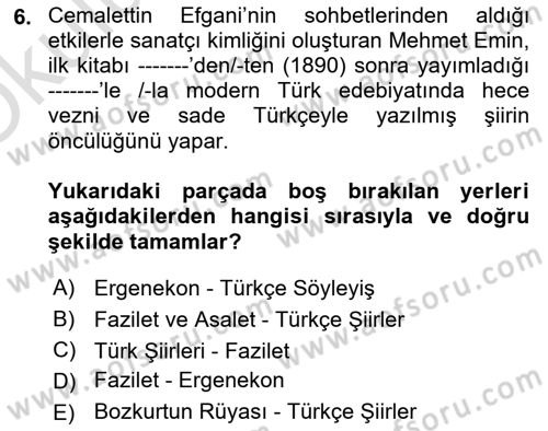 2. Meşrutiyet Dönemi Türk Edebiyatı Dersi 2024 - 2025 Yılı Yaz Okulu Sınav Soruları 6. Soru