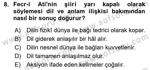 2. Meşrutiyet Dönemi Türk Edebiyatı Dersi 2024 - 2025 Yılı Yaz Okulu Sınav Soruları 8. Soru