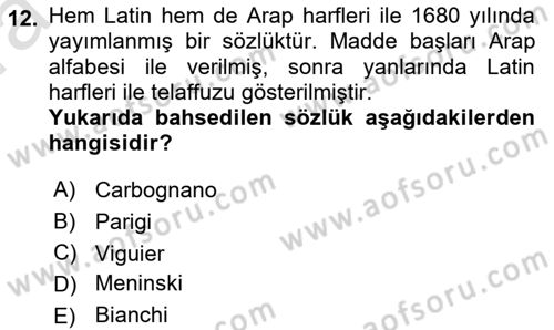 XVI-XIX. Yüzyıllar Türk Dili Dersi 2021 - 2022 Yılı (Vize) Ara Sınav Soruları 12. Soru