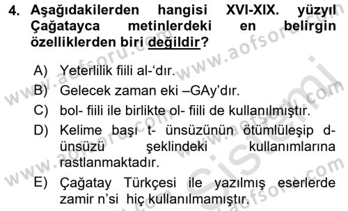 XVI-XIX. Yüzyıllar Türk Dili Dersi 2021 - 2022 Yılı (Vize) Ara Sınav Soruları 4. Soru
