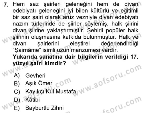 XVI-XIX. Yüzyıllar Türk Dili Dersi 2021 - 2022 Yılı (Vize) Ara Sınav Soruları 7. Soru