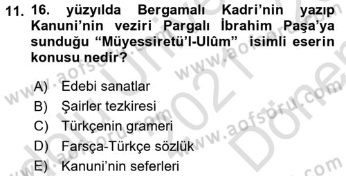 XVI-XIX. Yüzyıllar Türk Dili Dersi 2021 - 2022 Yılı (Final) Dönem Sonu Sınav Soruları 11. Soru