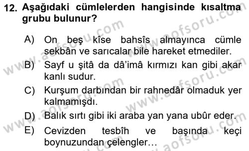 XVI-XIX. Yüzyıllar Türk Dili Dersi 2021 - 2022 Yılı (Final) Dönem Sonu Sınav Soruları 12. Soru