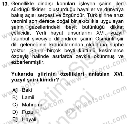 XVI-XIX. Yüzyıllar Türk Dili Dersi 2021 - 2022 Yılı (Final) Dönem Sonu Sınav Soruları 13. Soru
