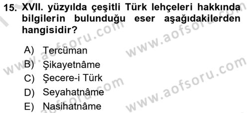 XVI-XIX. Yüzyıllar Türk Dili Dersi 2021 - 2022 Yılı (Final) Dönem Sonu Sınav Soruları 15. Soru