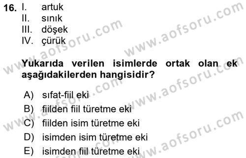XVI-XIX. Yüzyıllar Türk Dili Dersi 2021 - 2022 Yılı (Final) Dönem Sonu Sınav Soruları 16. Soru