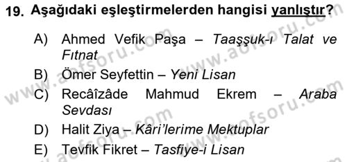 XVI-XIX. Yüzyıllar Türk Dili Dersi 2021 - 2022 Yılı (Final) Dönem Sonu Sınav Soruları 19. Soru