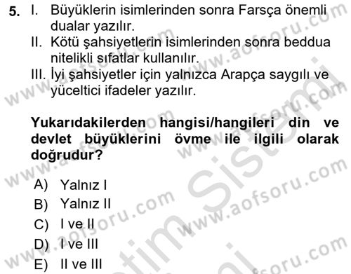 XVI-XIX. Yüzyıllar Türk Dili Dersi 2021 - 2022 Yılı (Final) Dönem Sonu Sınav Soruları 5. Soru