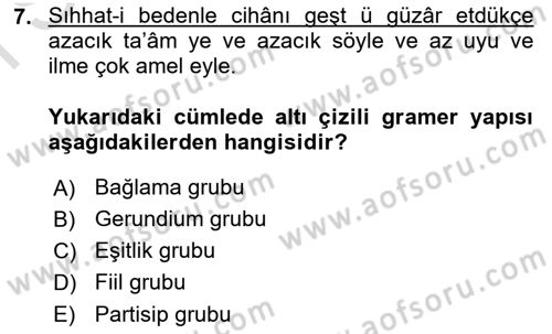 XVI-XIX. Yüzyıllar Türk Dili Dersi 2021 - 2022 Yılı (Final) Dönem Sonu Sınav Soruları 7. Soru