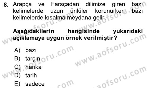XVI-XIX. Yüzyıllar Türk Dili Dersi 2021 - 2022 Yılı (Final) Dönem Sonu Sınav Soruları 8. Soru