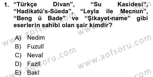 XVI-XIX. Yüzyıllar Türk Dili Dersi 2021 - 2022 Yılı Yaz Okulu Sınavı 1. Soru