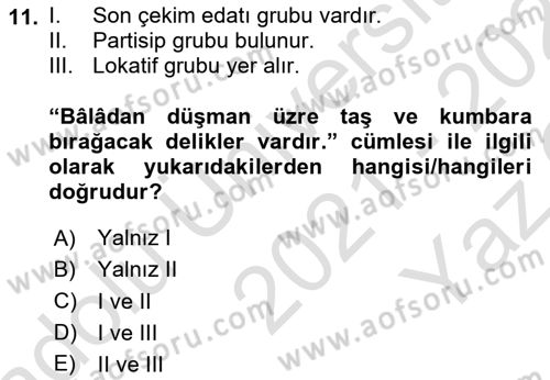 XVI-XIX. Yüzyıllar Türk Dili Dersi 2021 - 2022 Yılı Yaz Okulu Sınavı 11. Soru