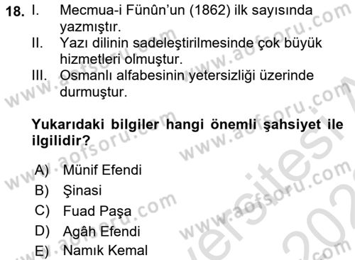 XVI-XIX. Yüzyıllar Türk Dili Dersi 2021 - 2022 Yılı Yaz Okulu Sınavı 18. Soru