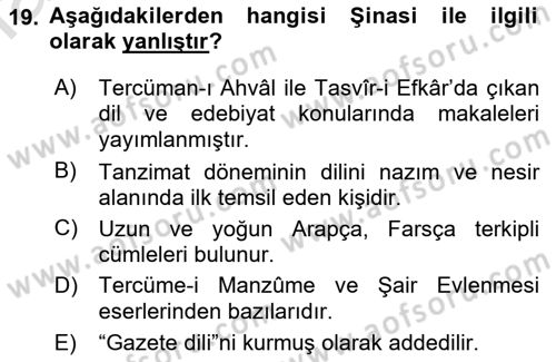 XVI-XIX. Yüzyıllar Türk Dili Dersi 2021 - 2022 Yılı Yaz Okulu Sınavı 19. Soru