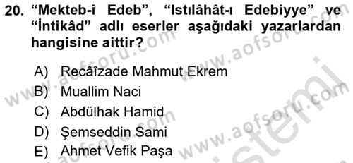 XVI-XIX. Yüzyıllar Türk Dili Dersi 2021 - 2022 Yılı Yaz Okulu Sınavı 20. Soru