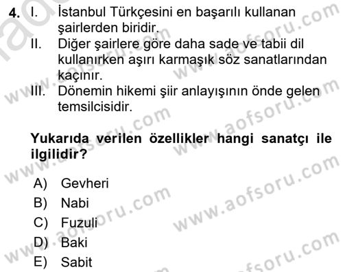 XVI-XIX. Yüzyıllar Türk Dili Dersi 2021 - 2022 Yılı Yaz Okulu Sınavı 4. Soru