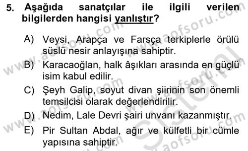 XVI-XIX. Yüzyıllar Türk Dili Dersi 2021 - 2022 Yılı Yaz Okulu Sınavı 5. Soru