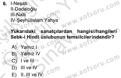 XVI-XIX. Yüzyıllar Türk Dili Dersi 2021 - 2022 Yılı Yaz Okulu Sınavı 6. Soru