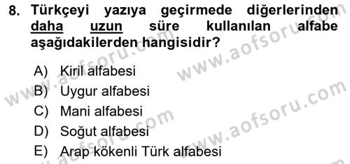 XVI-XIX. Yüzyıllar Türk Dili Dersi 2021 - 2022 Yılı Yaz Okulu Sınavı 8. Soru