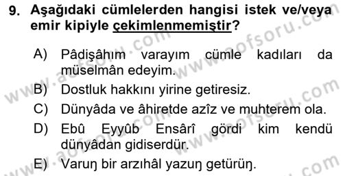 XVI-XIX. Yüzyıllar Türk Dili Dersi 2021 - 2022 Yılı Yaz Okulu Sınavı 9. Soru