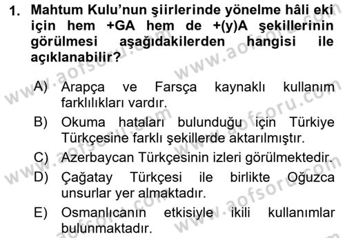 XVI-XIX. Yüzyıllar Türk Dili Dersi 2022 - 2023 Yılı (Vize) Ara Sınav Soruları 1. Soru