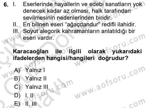 XVI-XIX. Yüzyıllar Türk Dili Dersi 2022 - 2023 Yılı (Vize) Ara Sınav Soruları 6. Soru